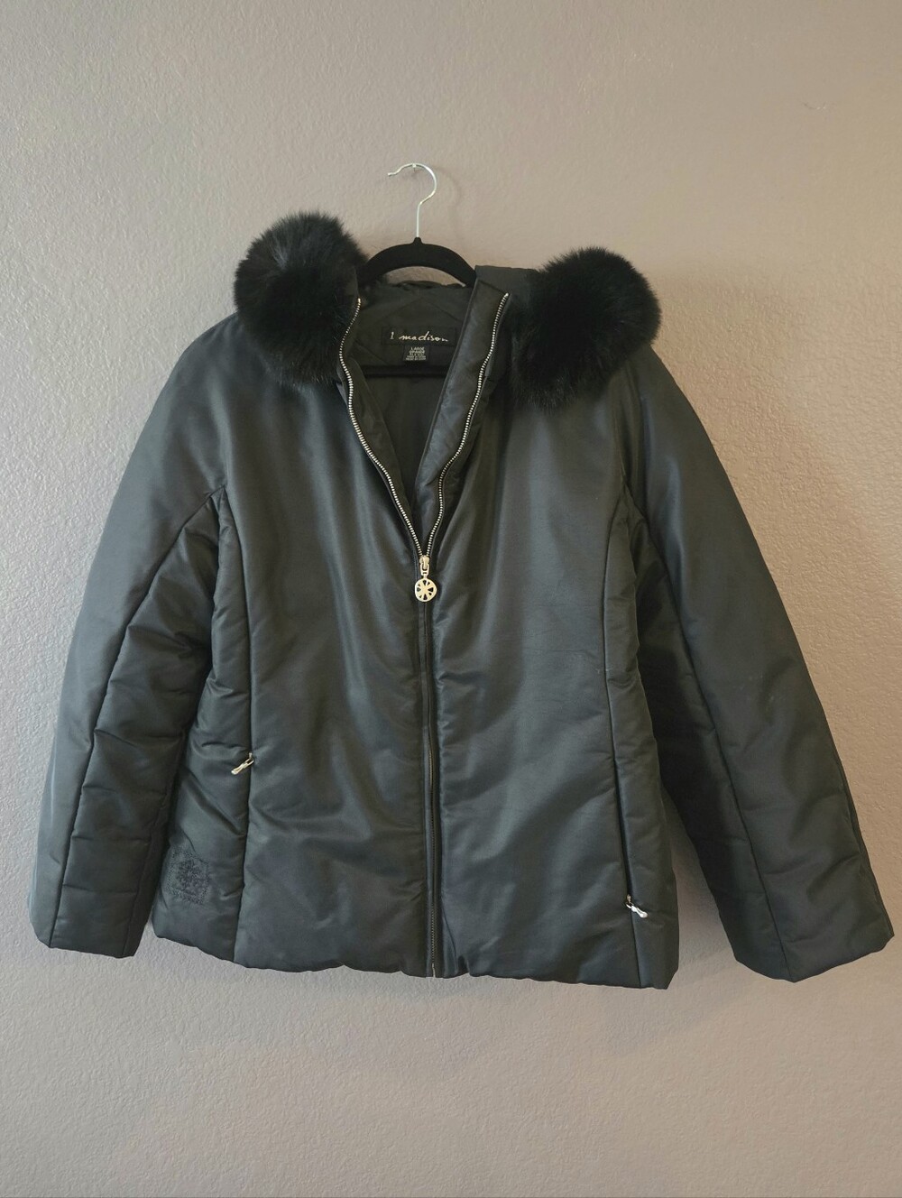 1 Madison Black Hooded Down Puffer Jacket Parka Fox Fur Collar Womens L